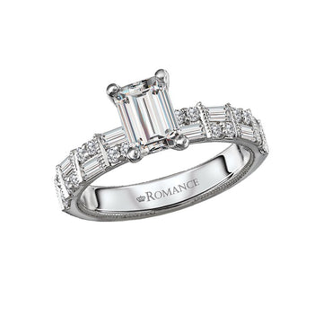 Vintage 14K White Gold Diamond Engagement Ring Semi-Mount for 7x5mm Emerald Cut Stone