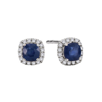 Luxora Cushion Sapphire and Diamond Halo Earrings in 14K White Gold