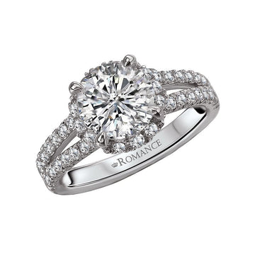 Orbelle Split Shank Semi-Mount Diamond Ring in 18K White Gold with Round Halo