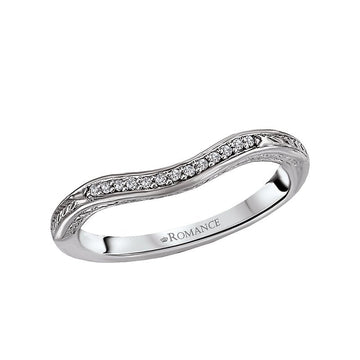 Orbelle Curved 14K White Gold Wedding Band with Engraved Detail and Diamonds