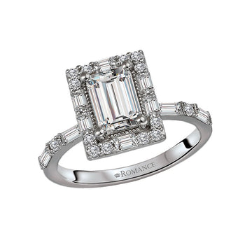 14K White Gold Halo Diamond Engagement Ring Semi-Mount for 7x5mm Emerald Cut