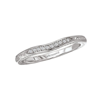 Orbelle Curved 18K White Gold Wedding Band with Engraved Details and Diamonds