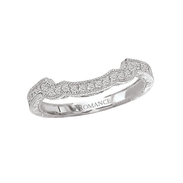 Orbelle Petite Curved Wedding Band in 14K White Gold with Milgrain and Engraving Detail