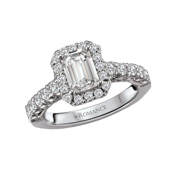 Orbelle Halo Diamond Ring Semi-Mount | 18K White Gold | Emerald Shape | 7x5mm Center Stone