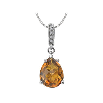 Luxora 14K White Gold Pear Shaped Citrine Gemstone Pendant with Diamond Accents