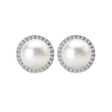 Luxora Pearl and Diamond Stud Earrings - 14K White Gold, Freshwater Cultured Pearl, D.15 carat total weight