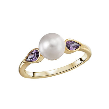 14K Yellow Gold Amethyst and Pearl Fashion Ring - Luxora Collection