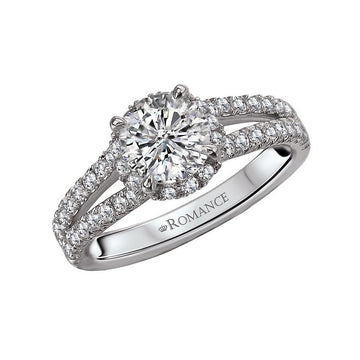Orbelle Split Shank Semi-Mount Diamond Ring in 14K White Gold with Round Halo