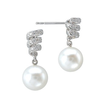 Luxora Pearl and Diamond Earrings - 14K White Gold Post Style