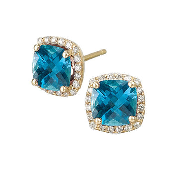 Luxora Blue Topaz Cushion Earrings in 14K Yellow Gold with Diamond Halo