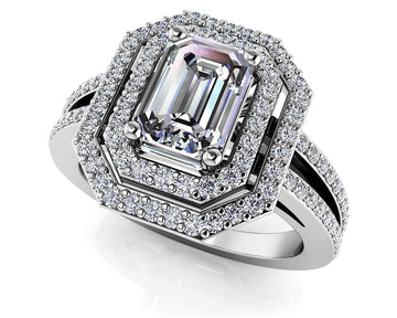Modern Emerald Cut Double Halo Ring Lab-Grown Diamond with 2.06 ct. (1.50 ct. center diamond)