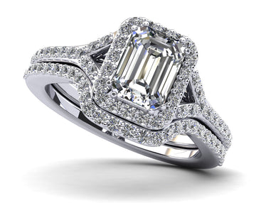 Emerald Cut Halo Diamond Bridal Set Ring with Split Shank Lab-Grown Diamond with 2.91 ct. (2.00 ct. center diamond)