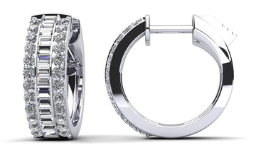 Three Rows Baguette and Round Huggie Hoop Earrings Lab-Grown Diamond with 0.90 ct.(finished) 1.7x1.2mm, 1.3mm
