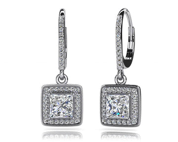 Milgrain Princess Cut Diamond Drop Earrings Lab-Grown Diamond with 1.55 ct. (2X0.60 ct. center diamonds)