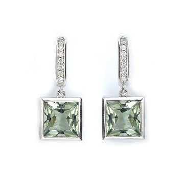 Luxora Princess Cut Green Amethyst Dangle Earrings in 14K White Gold