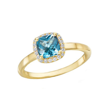 Luxora 14K Yellow Gold Cushion Blue Topaz Halo Ring with Diamond Accents