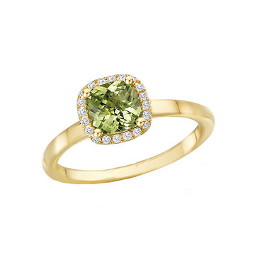 Luxora 14K Yellow Gold Cushion Peridot Gemstone Halo Ring with Diamonds