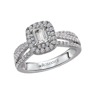 Orbelle Petite 14K White Gold Halo Diamond Engagement Ring with Emerald Center