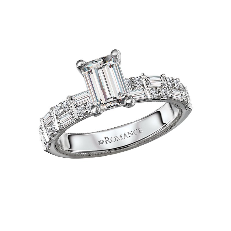Vintage 14K White Gold Diamond Engagement Ring Semi-Mount for 7x5mm Emerald Cut Stone