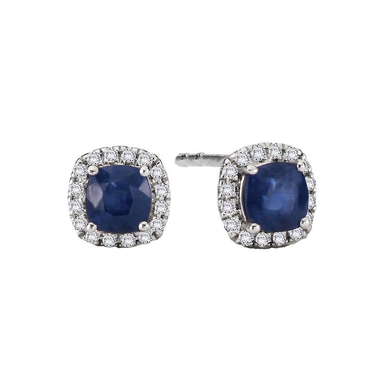 Luxora Cushion Sapphire and Diamond Halo Earrings in 14K White Gold