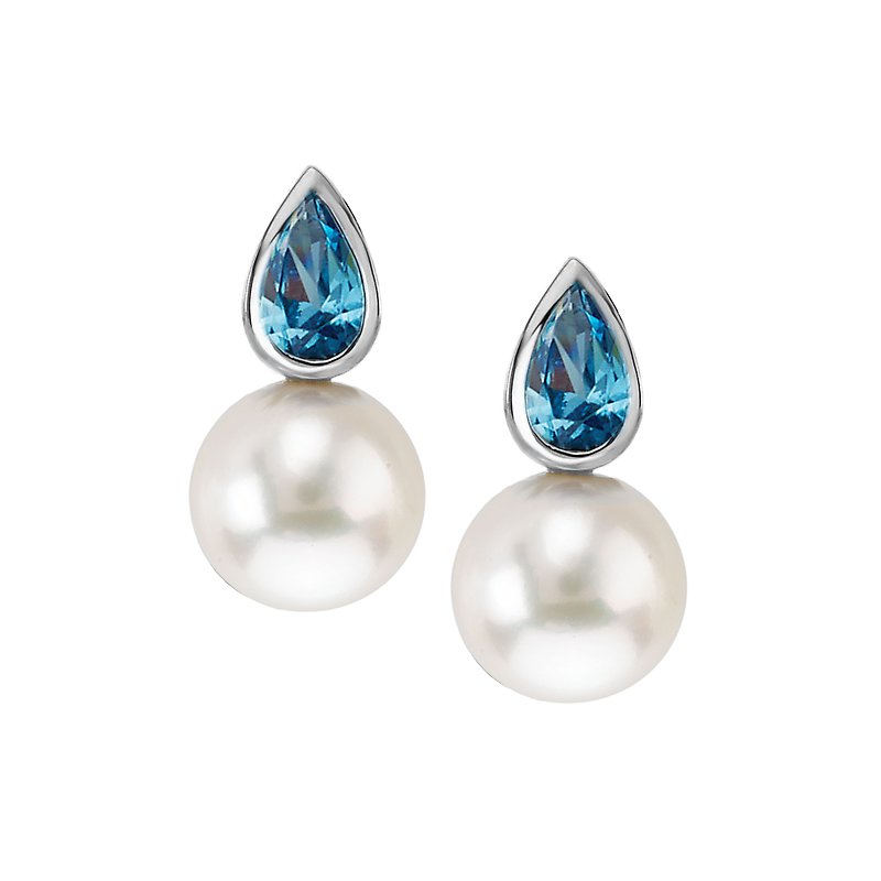 Luxora Pearl and Blue Topaz Earrings - 14K White Gold Post Style