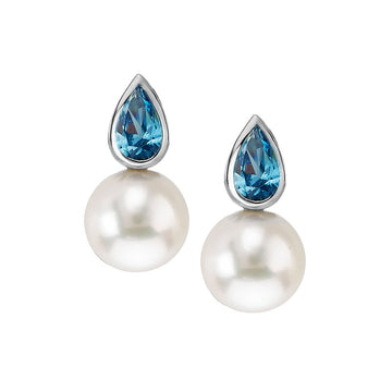 Luxora Pearl and Blue Topaz Earrings - 14K White Gold Post Style