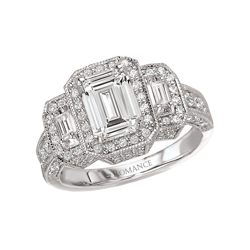 Orbelle Halo Semi-Mount Diamond Ring | 18K White Gold Baguette Accent