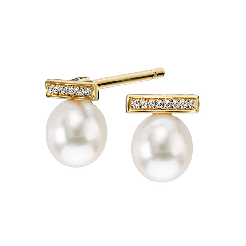 Luxora 14kt Yellow Gold Diamond Bar Freshwater Pearl Earrings