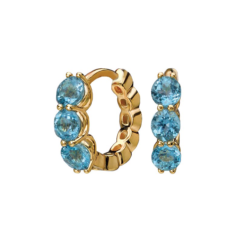 Luxora Three Stone Blue Topaz Hoop Earrings in 14K Yellow Gold