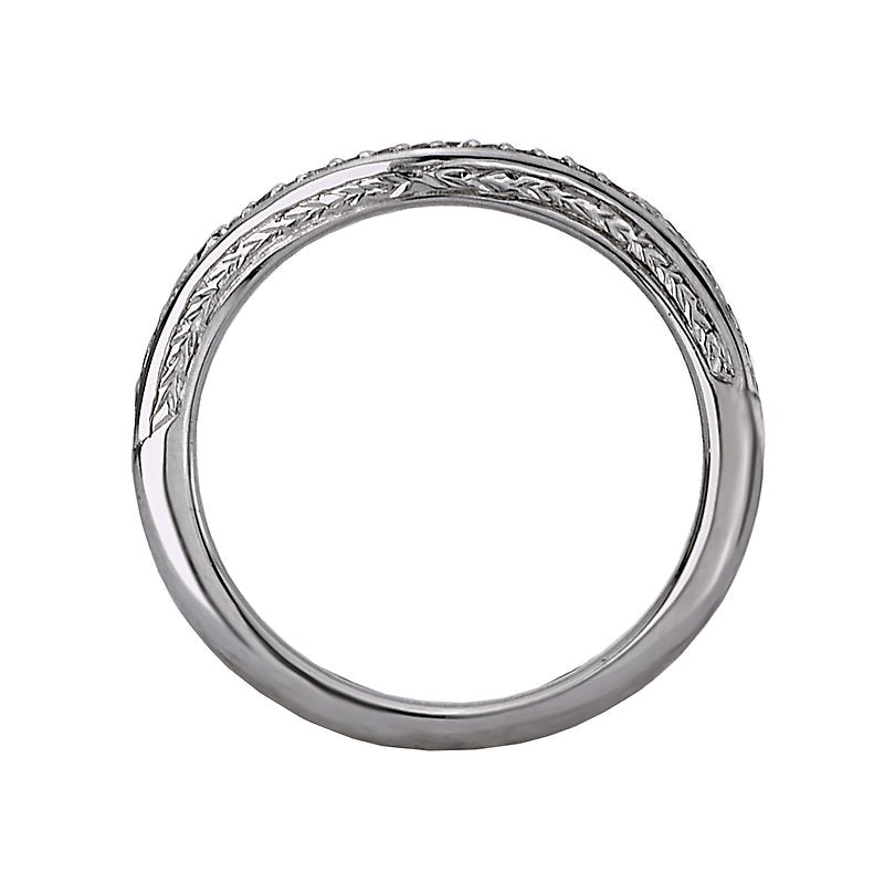 Orbelle Curved 14K White Gold Wedding Band with Engraved Detail and Diamonds