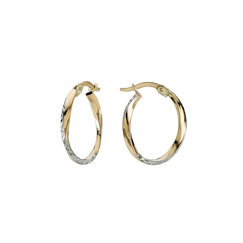 Luxora 14kt White and Yellow Gold Diamond Cut Oval Hoop Earrings