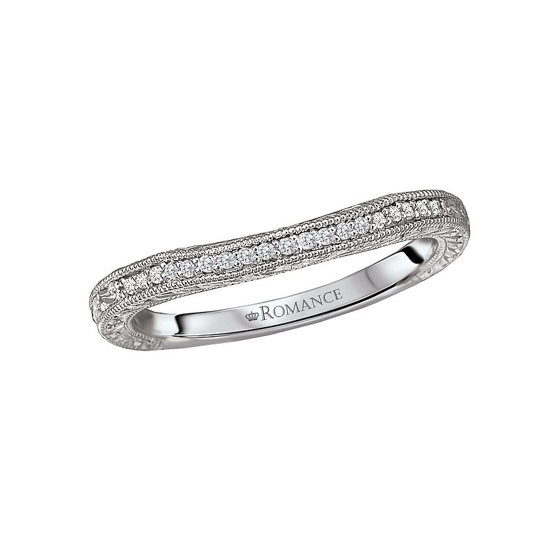 Orbelle Curved Wedding Band in 14K White Gold with Milgrain Design and Diamonds