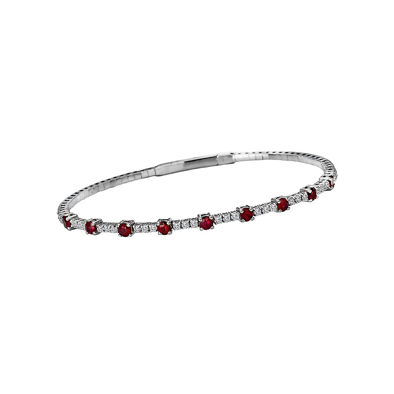 Luxora Ladies Fashion Diamond and Ruby Bangle Bracelet in 14K White Gold