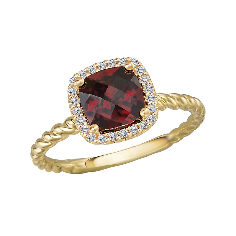 Luxora Ladies Fashion Garnet Halo Ring in 14K Yellow Gold