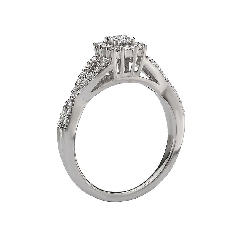 Glemera Petite Halo Diamond Ring in 14K White Gold with Criss-Cross Split Shank and Baguette Accent Stones