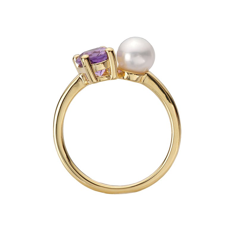 Luxora 14K Yellow Gold Ladies Fashion Ring with Oval Amethyst and Round Pearl