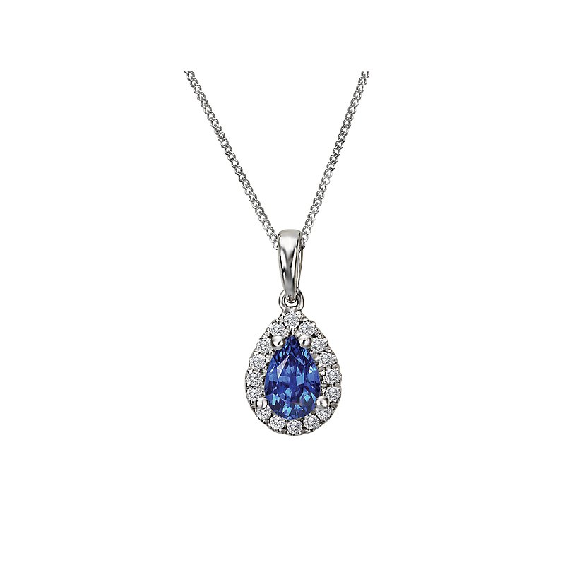 Luxora 14K White Gold Diamond Halo Pear Shaped Sapphire Pendant