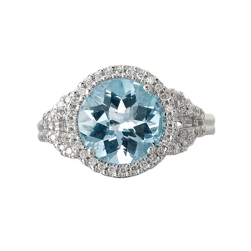 Luxora Ladies Fashion Ring - 14K White Gold Halo Blue Topaz Diamond Ring