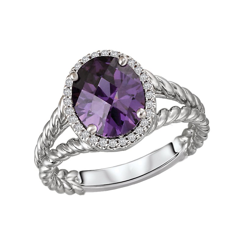 Luxora Ladies Fashion Amethyst and Diamond Halo Ring in 14K White Gold