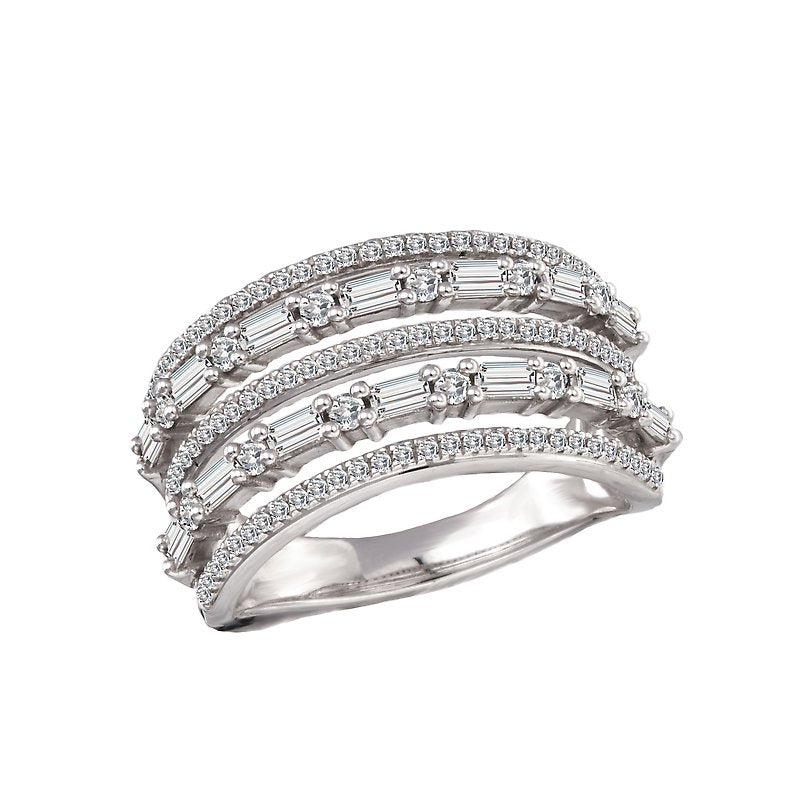 Luxora 5 Row 14K White Gold Round and Baguette Diamond Fashion Ring