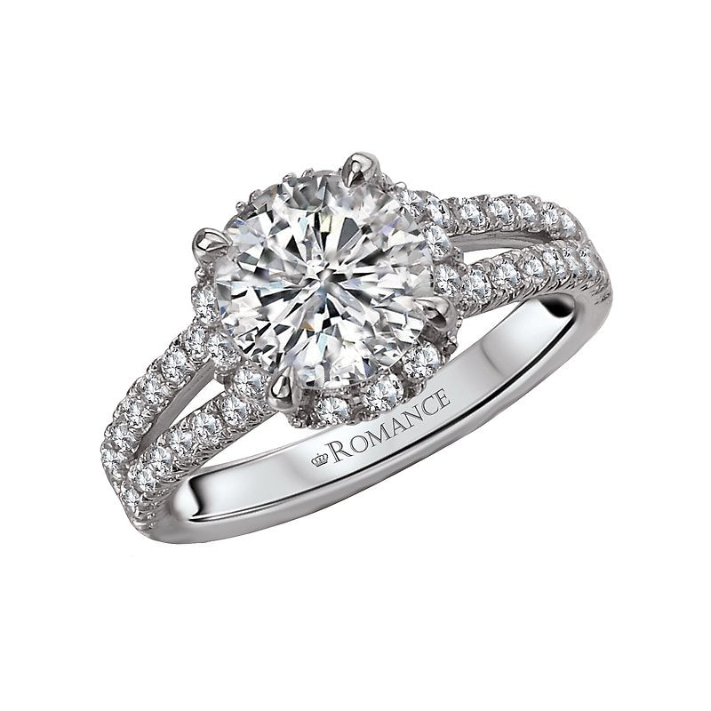 Orbelle Split Shank Semi-Mount Diamond Ring in 18K White Gold with Round Halo