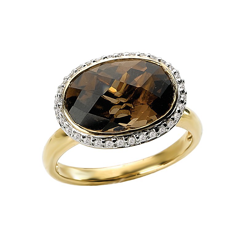 Luxora Ladies Fashion Gemstone Halo Ring with Smoky Quartz and Brown Diamond in 14kt White and Yellow Gold - Size 6