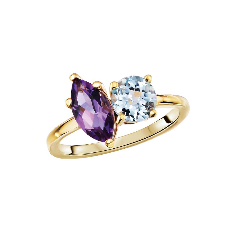 Luxora 14K Yellow Gold Marquise Amethyst and Round Sky Blue Topaz Ladies Fashion Ring