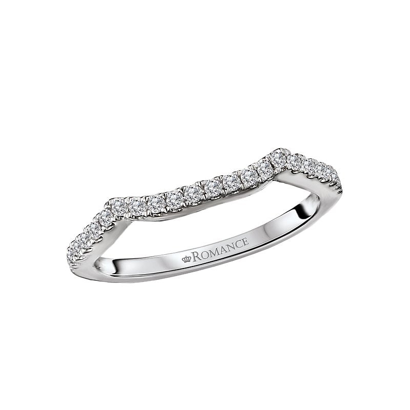 14K White Gold Curved Wedding Band with Round Diamond Accents