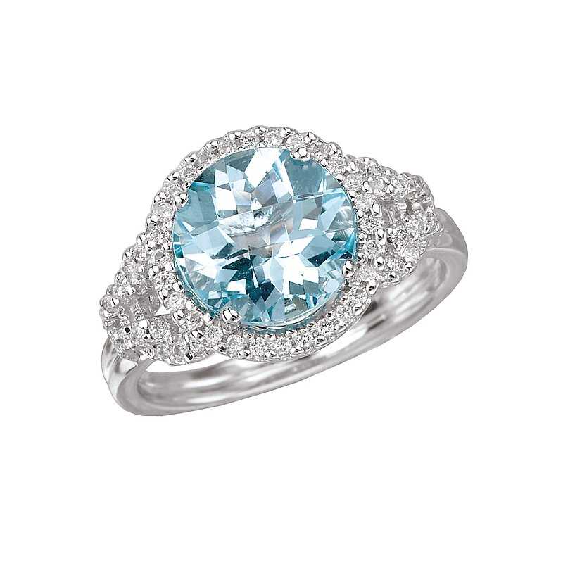 Luxora Ladies Fashion Ring - 14K White Gold Halo Blue Topaz Diamond Ring