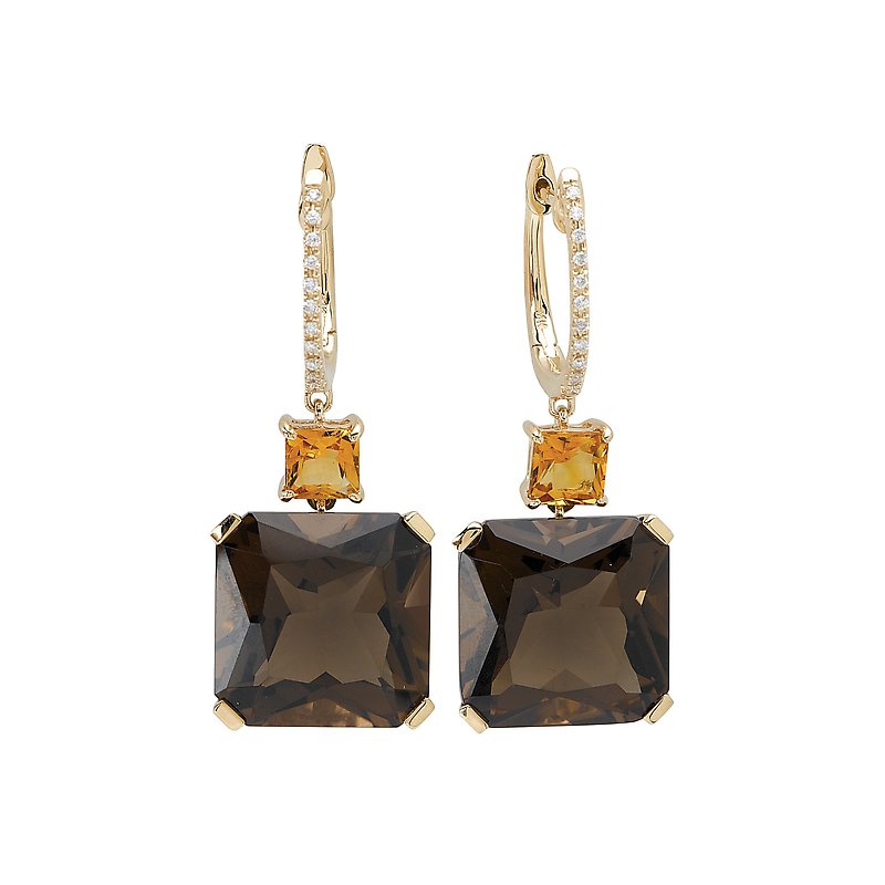 Luxora Smoky Quartz and Citrine Dangle Earrings in 14K Yellow Gold
