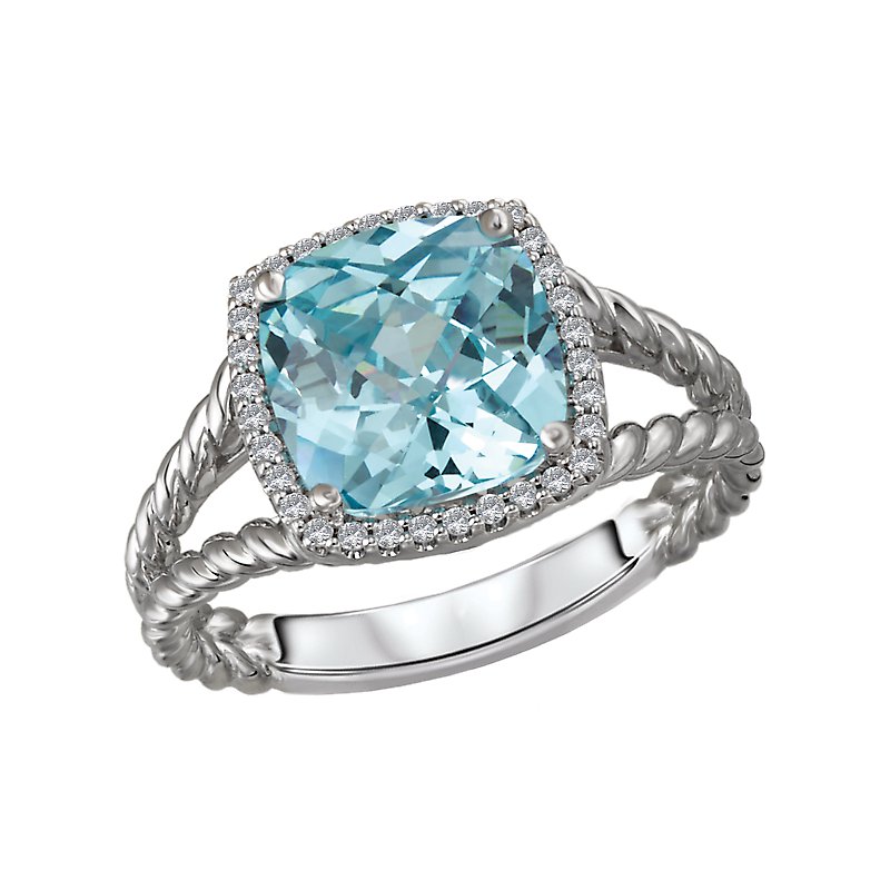 Luxora Ladies Fashion Halo Ring with Swiss Blue Topaz and Diamond Accents