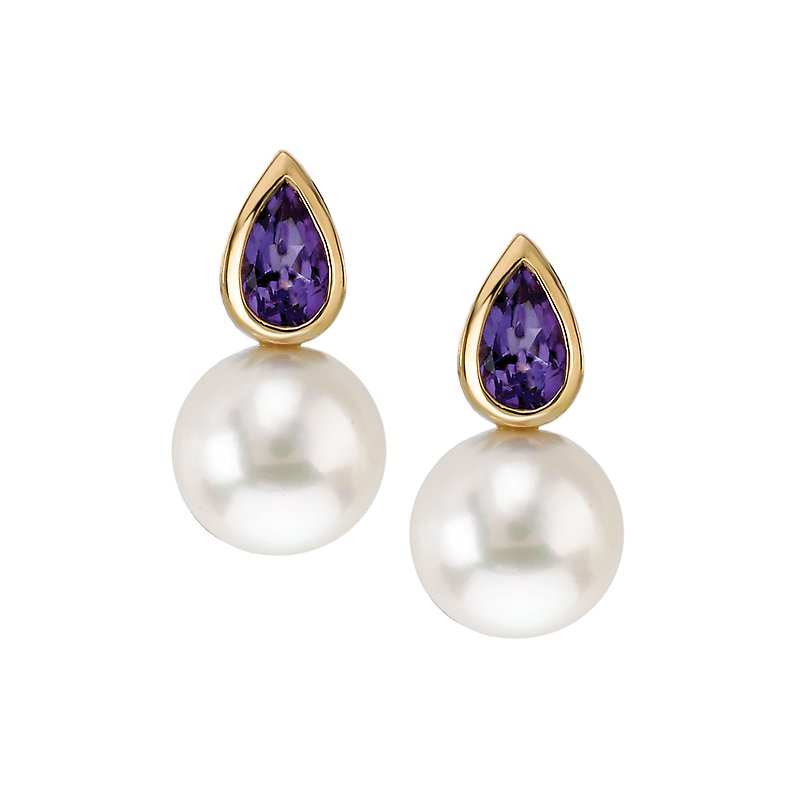 Luxora Pearl and Amethyst Earrings - 14K White Gold Drop Post Style