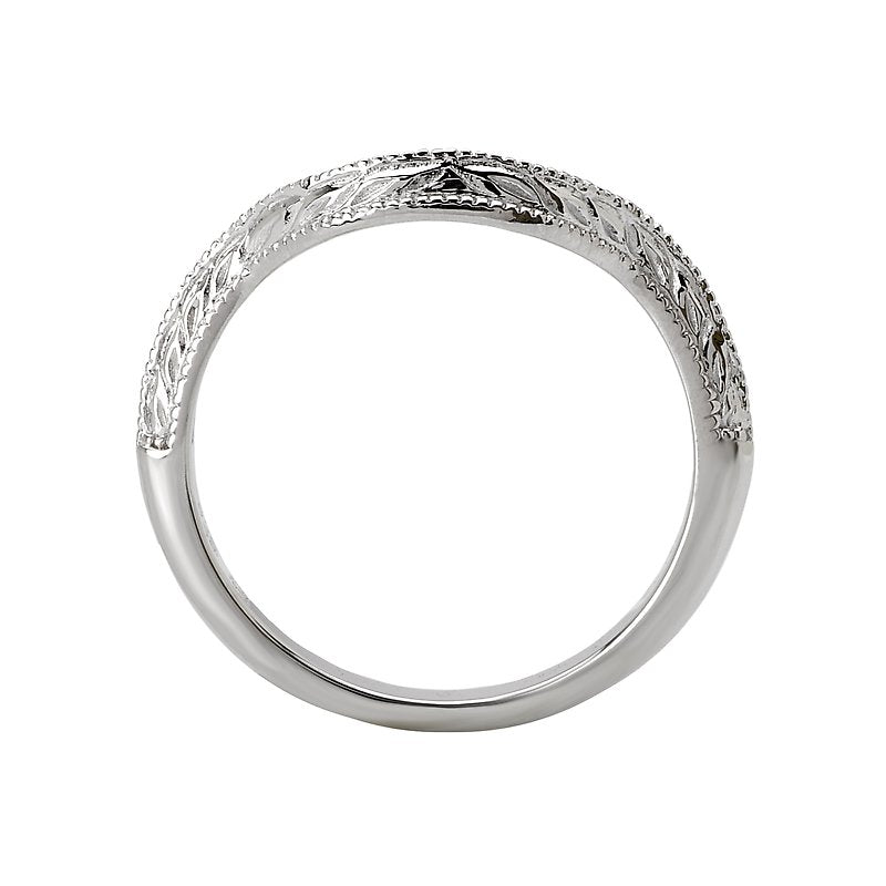 Glemera Curved Wedding Band in 14K White Gold with Milgrain and Etching Design
