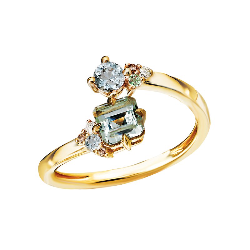 Luxora 14kt Yellow Gold Open Design Ring with Brown and White Diamonds, Aquamarine, and Green Amethyst